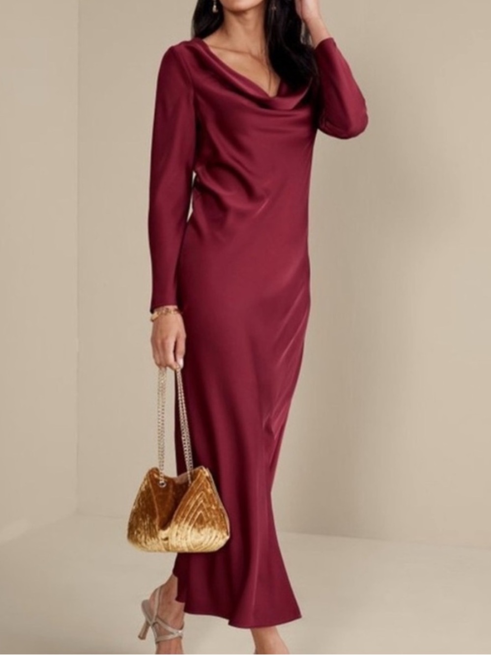 Soft Surroundings 12 Cabernet Cowl Neck Long Sleeve Solange Satin Maxi Dress NWT